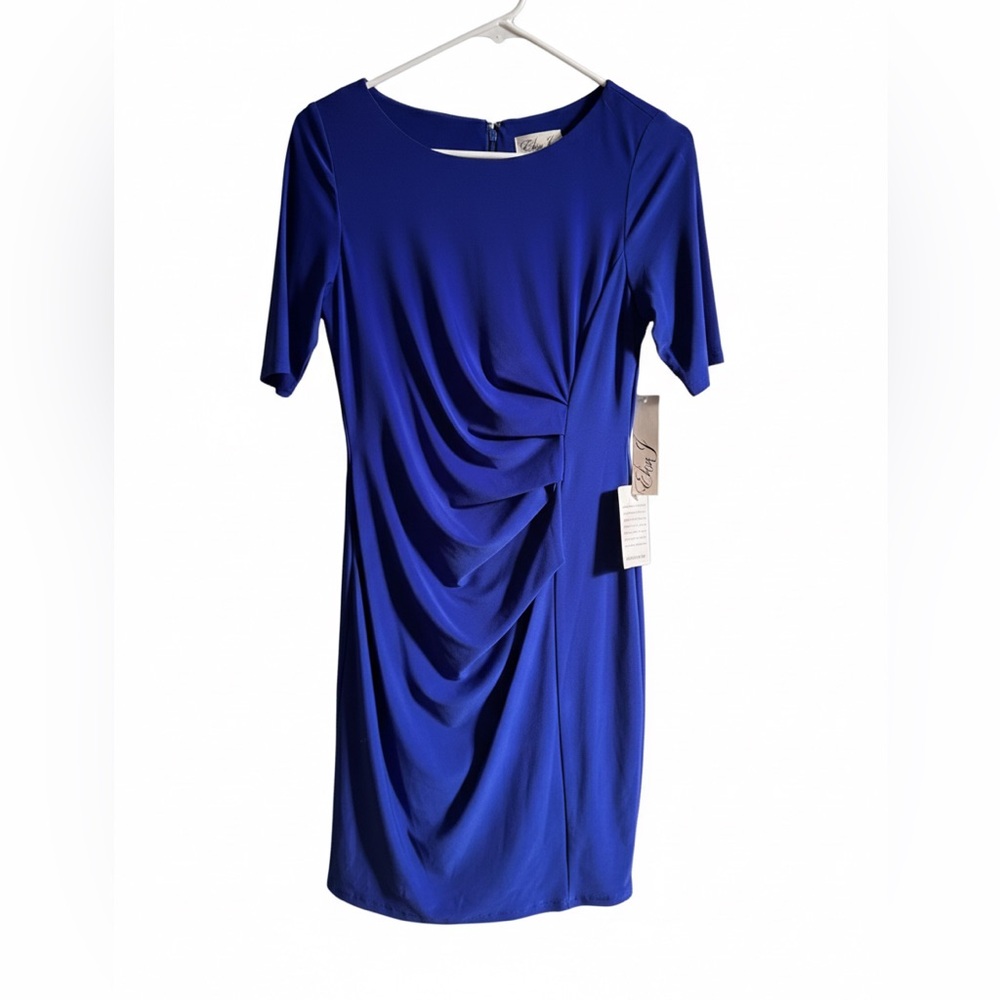 NWT Eliza J Royal Blue Midi Dress Sz 6P Ruched Stretch Formal Slimming Party